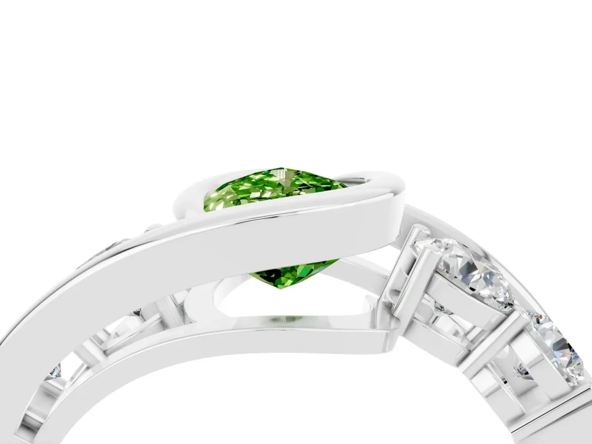 Bezel Set Pear Cut Peridot Bypass Ring with Round Accents Platinum