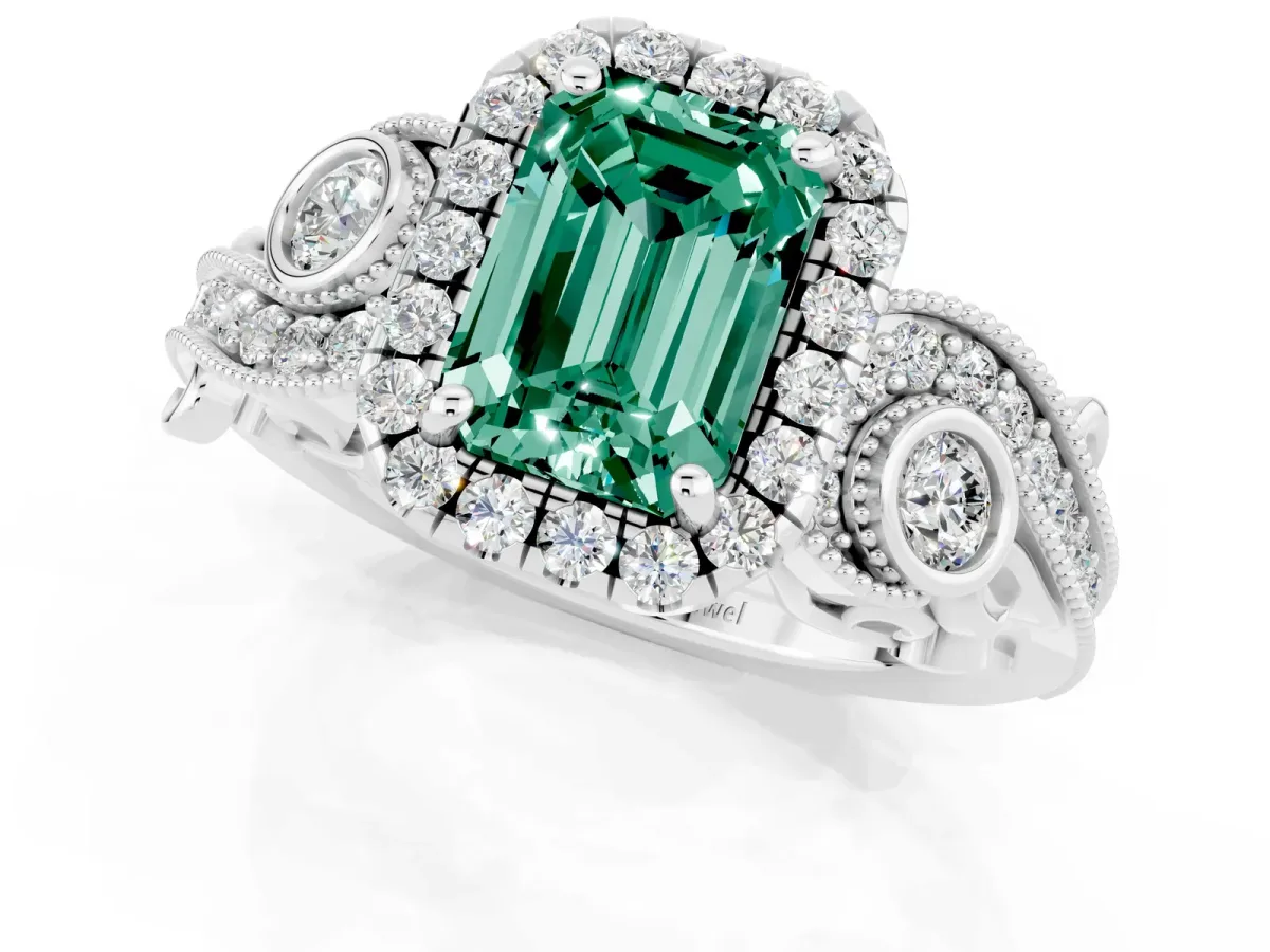 Emerald Cut Green Sapphire Halo Ring with Milgrain Pavé Band and Four-Prong Setting White gold