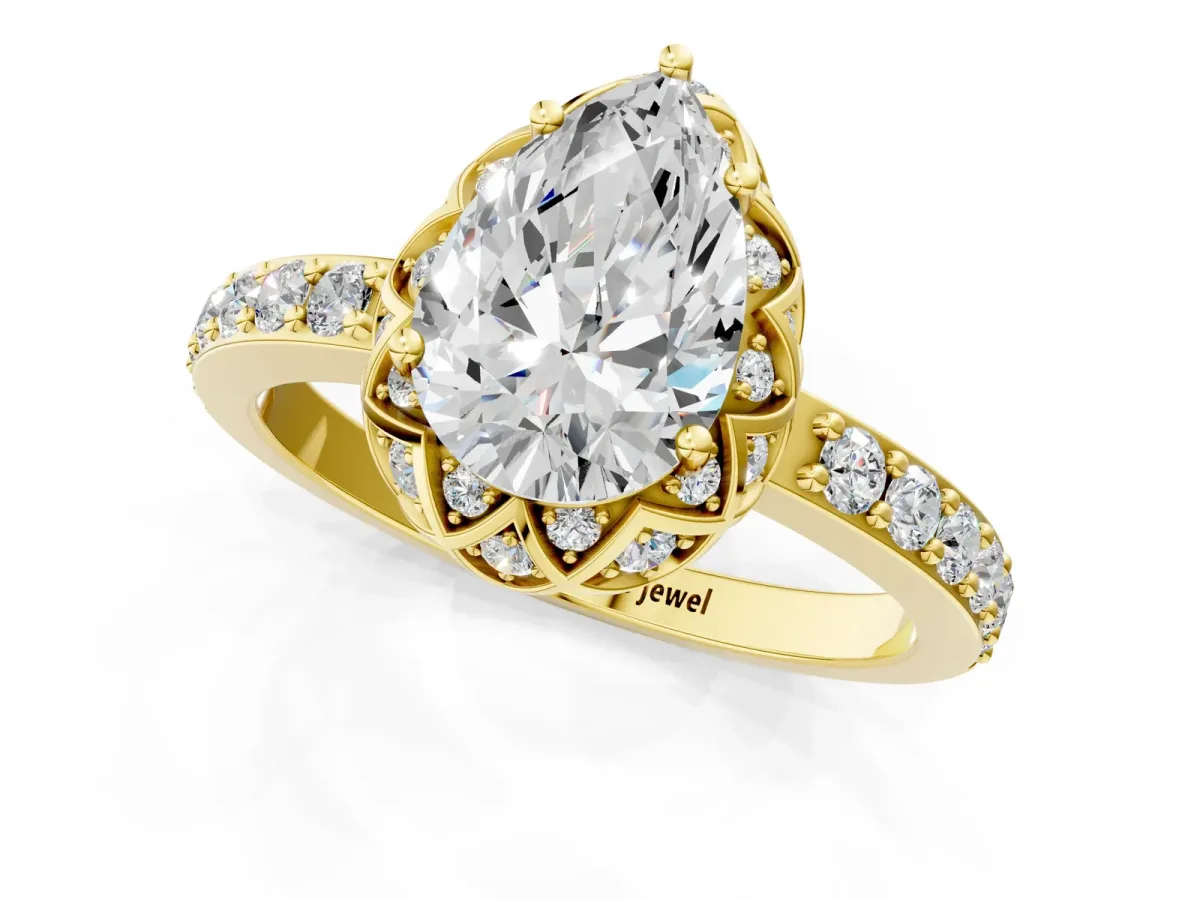 Pear Cut Diamond Scalloped Halo Engagement Ring with Round Shared Prong Band Yellow gold