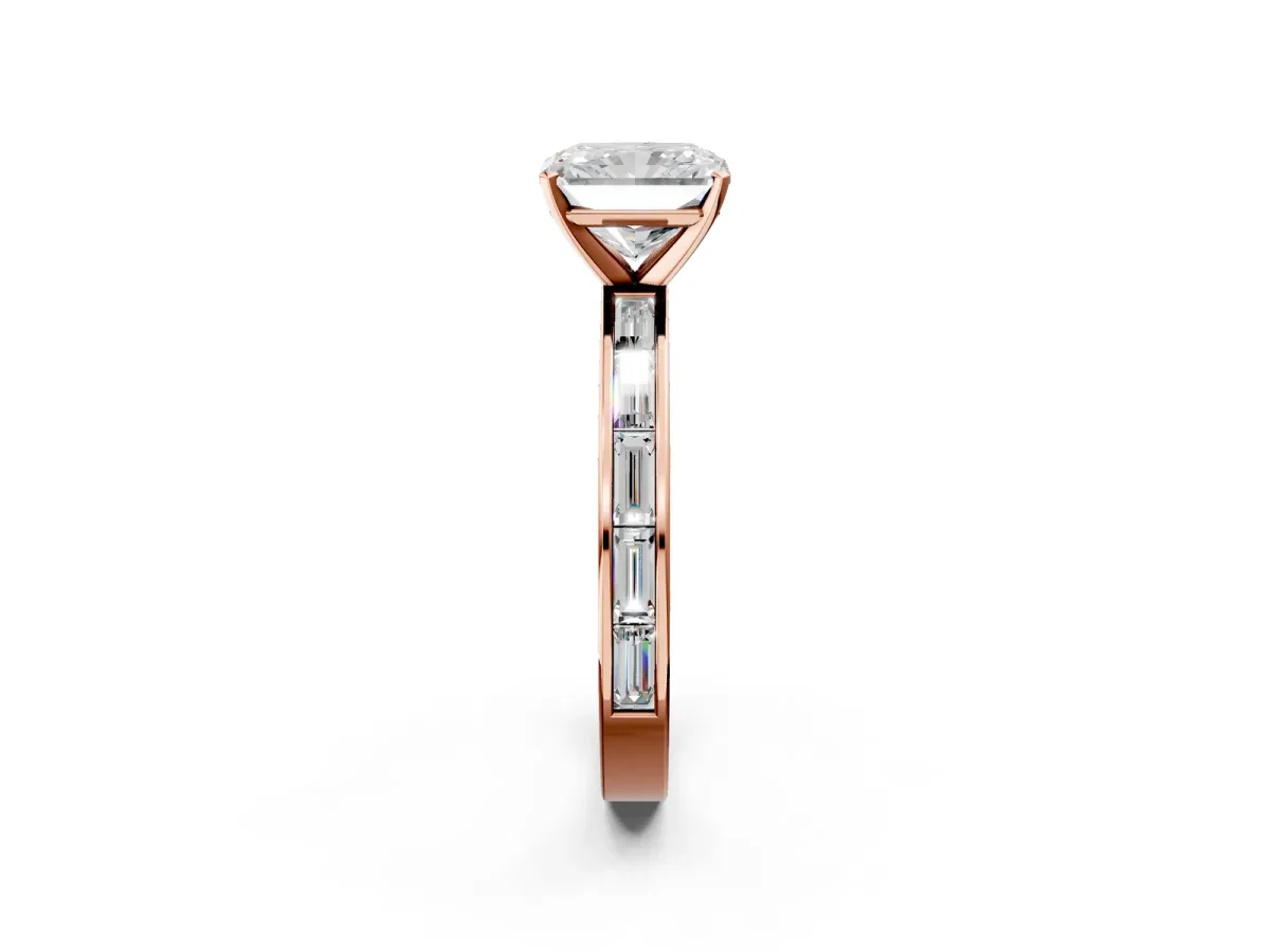 Radiant Cut Solitaire Diamond Ring with Channel-Set Baguette Band and Four-Prong Setting Rose gold