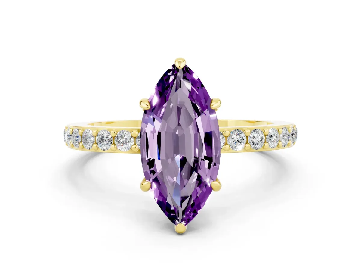 Marquise Cut Amethyst Solitaire Engagement Ring with Pavé Band and Four-Prong Setting Yellow gold