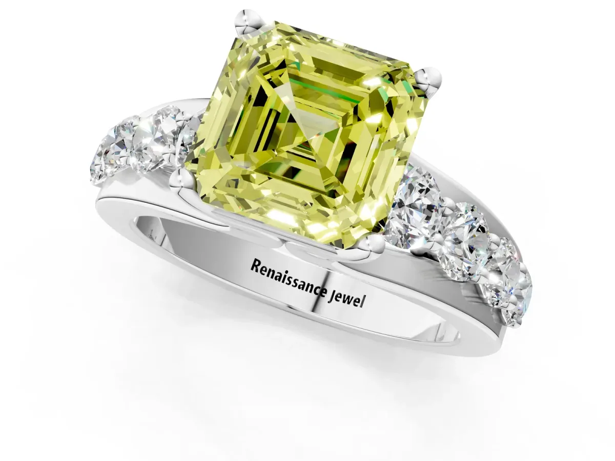 Fancy Yellow Asscher Cut Brilliant Solitaire with Side Stones on a Pave Band and Four-Prong Setting Platinum