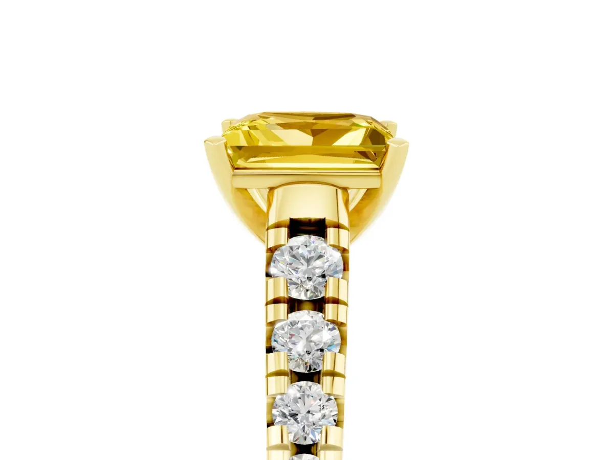 Princess Cut Yellow Sapphire Cathedral Solitaire Ring with Round Pavé Band Yellow gold