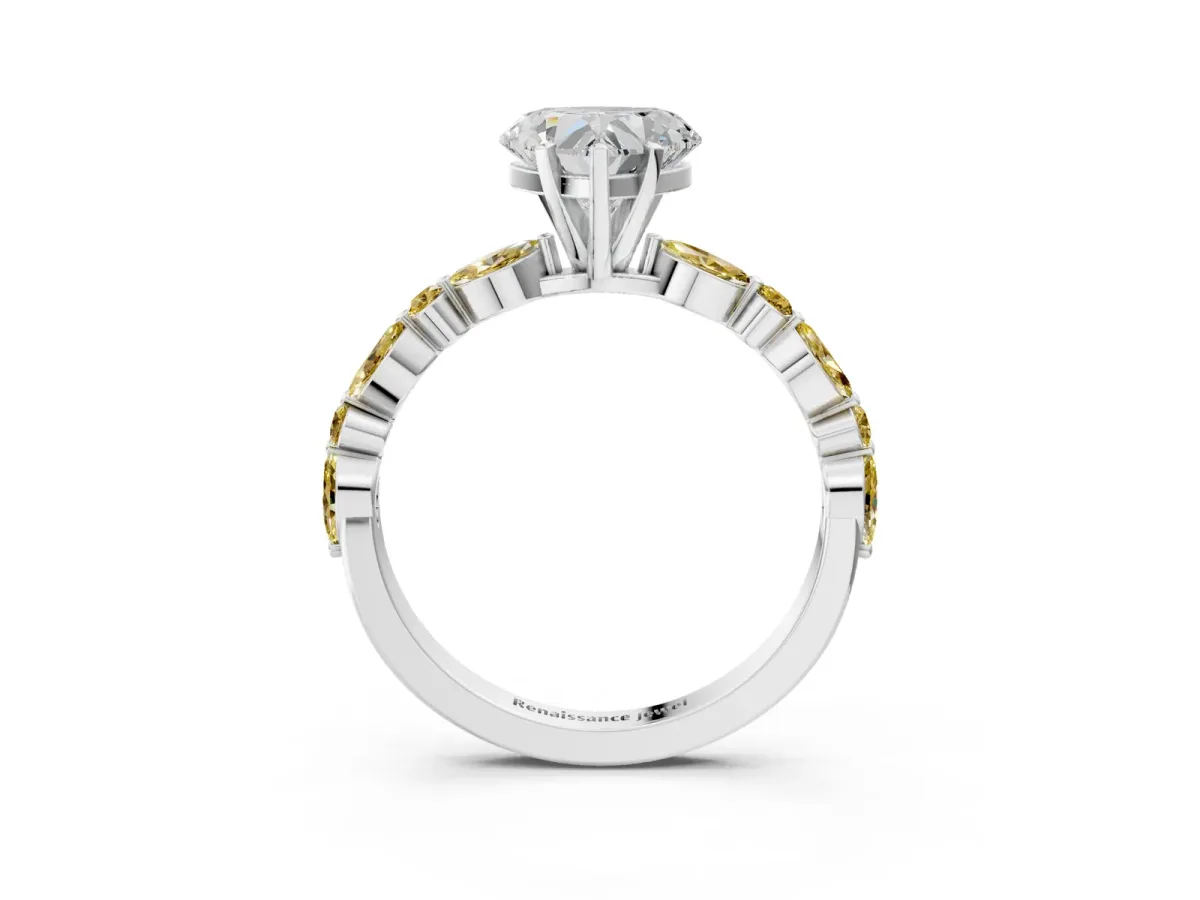 Heart Cut Diamond Ring with Marquise and Round Yellow Sapphire Side Stones and Four-Prong Setting Platinum