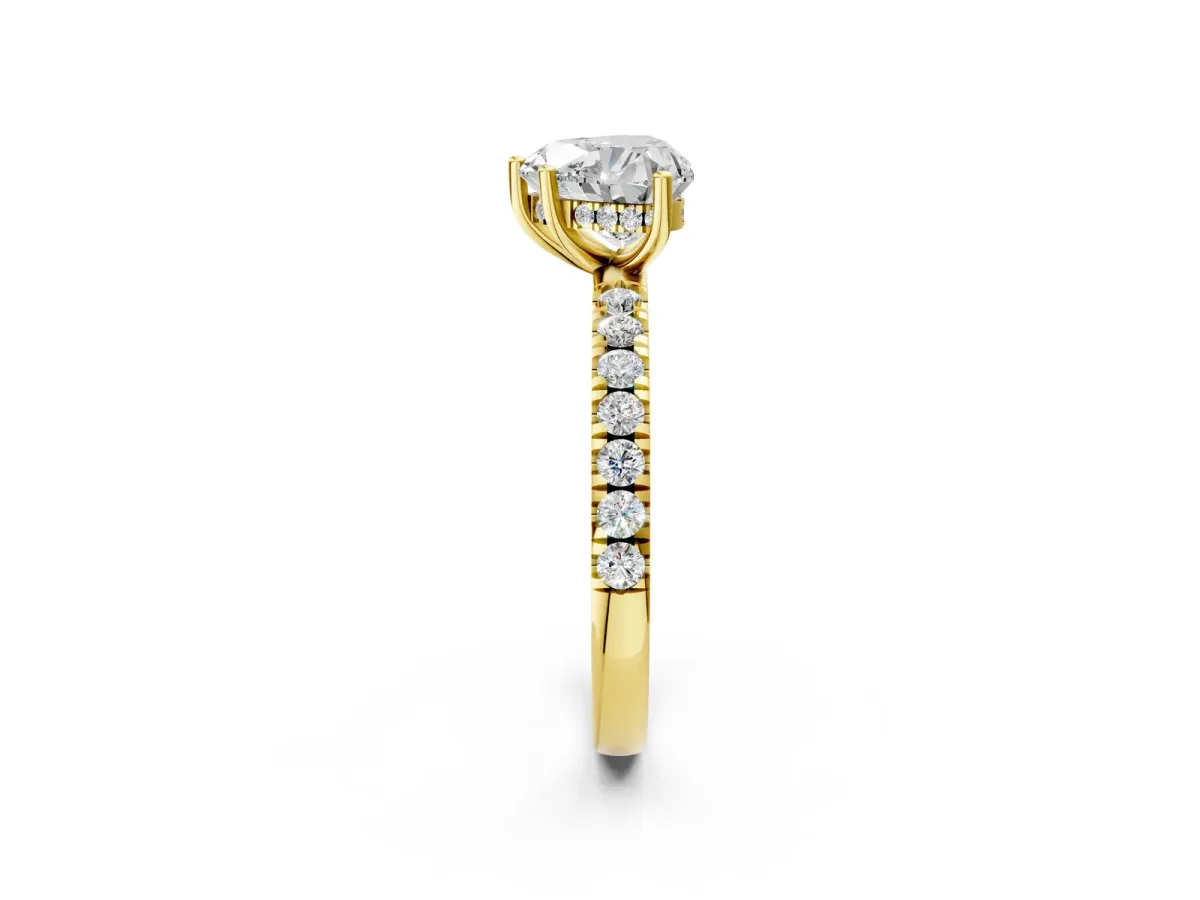 Heart Cut Diamond Pave Band Solitaire Ring with Round Moissanite and Prong Setting Yellow gold