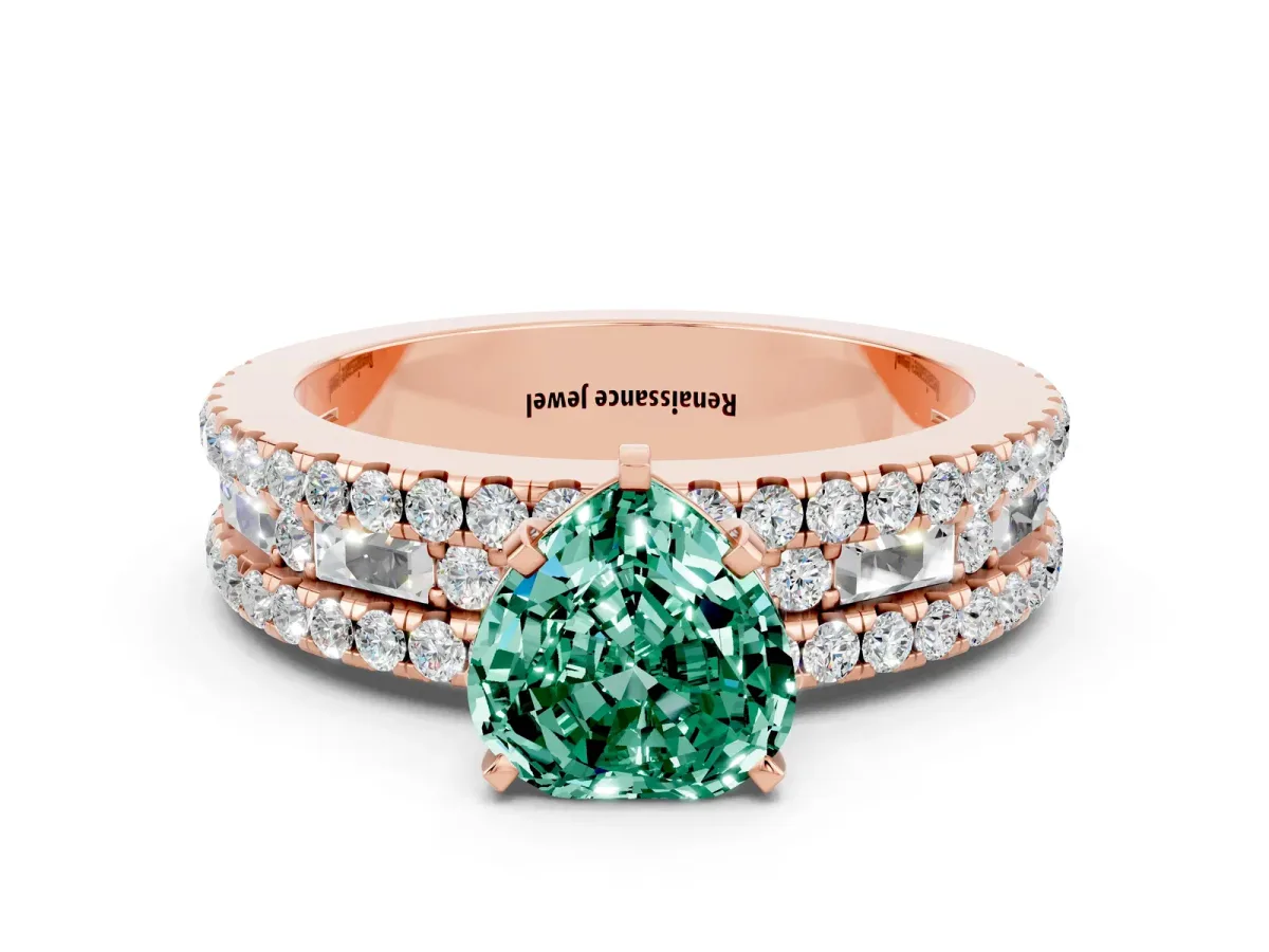 Heart Cut Green Sapphire Solitaire Ring with Pavé and Channel Set Band Rose gold