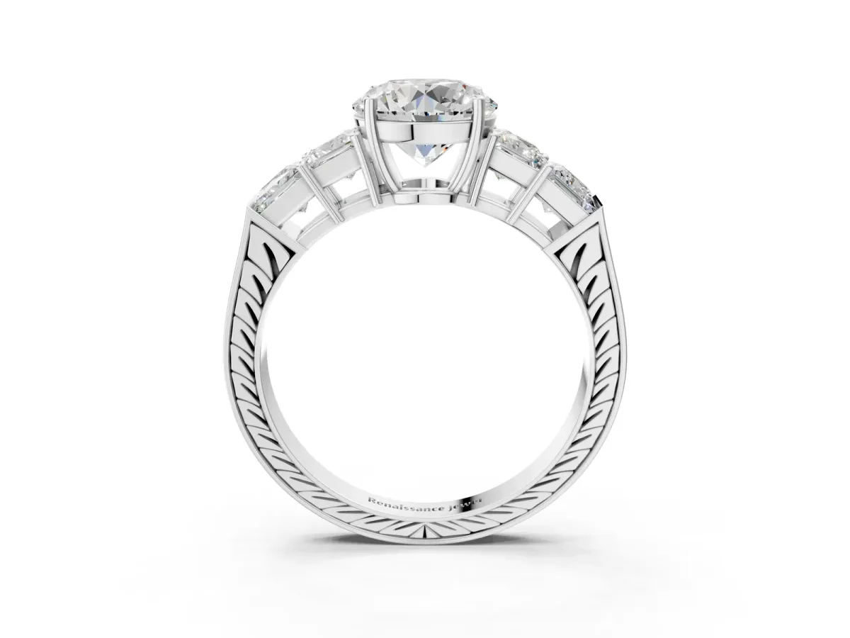 Round Cut Solitaire Princess Side Stone Engraved Band Prong Setting Ring Platinum
