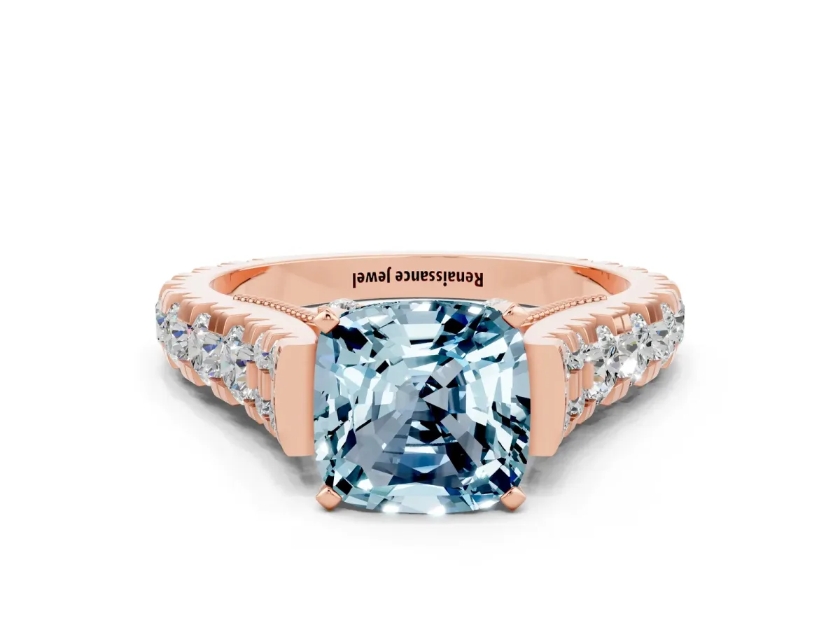 Cushion Cut Aquamarine Classic Solitaire Ring with Pavé Band and Four-Prong Setting Rose gold
