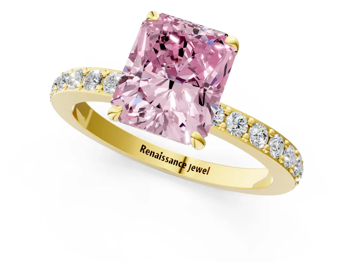Fancy Pink Radiant Cut Diamond Solitaire Engagement Ring with Pavé Band and Four-Prong Setting Yellow gold
