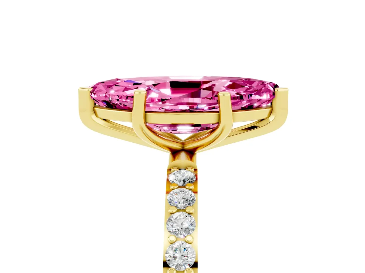 Marquise Cut Pink Sapphire Solitaire Ring with Round Pavé Band and Prong Setting Yellow gold