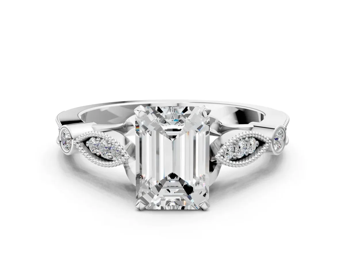 Emerald Cut Cut Diamond with Milgrain Marquise and Bezel Accents on a Solitaire Band with Prong Setting Platinum