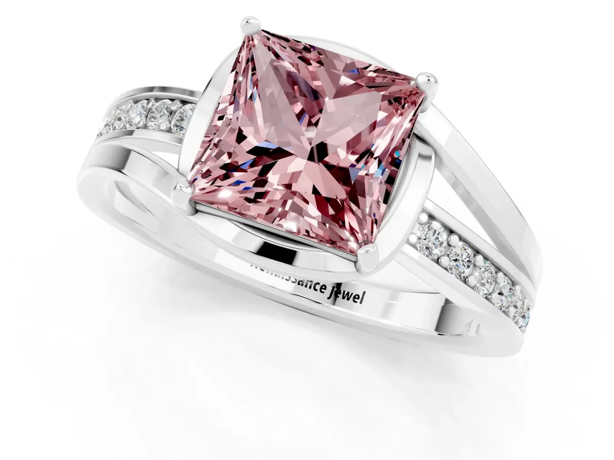 Princess Cut Morganite Solitaire Ring with Split Shank and Prong Setting Platinum