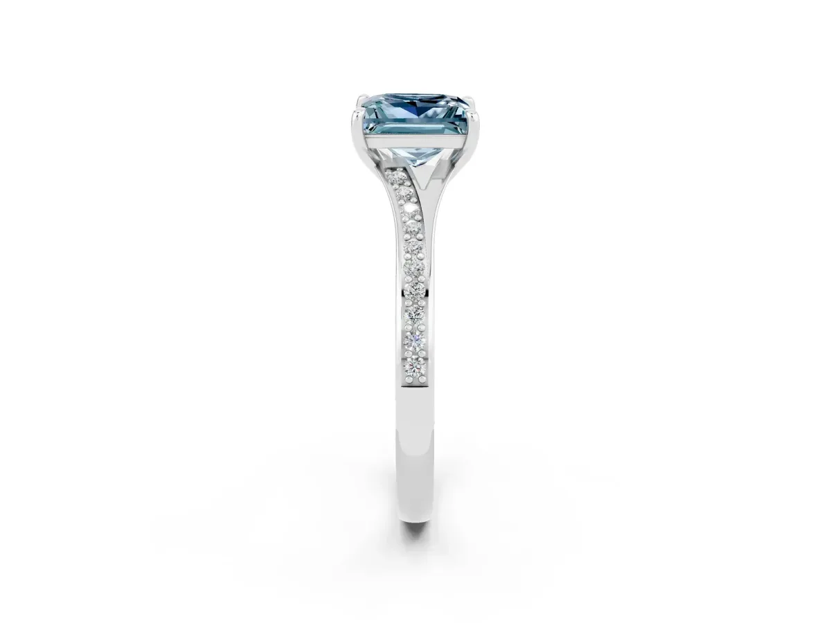 Princess Cut Aquamarine Solitaire Ring with Pavé Band and Prong Setting Silver