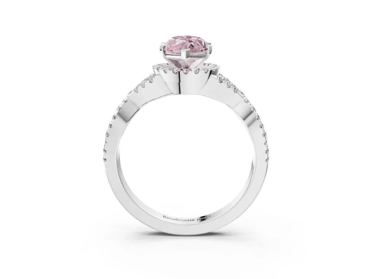 Fancy Pink Marquise Cut Diamond Halo Twist Band Solitaire Prong Setting Ring White gold
