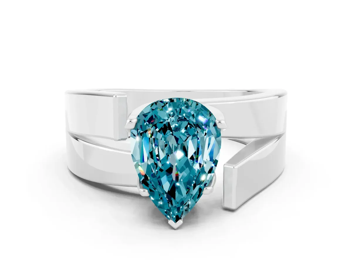 Modern Tension Set Pear Cut Blue Topaz Solitaire Wide Band Ring Platinum