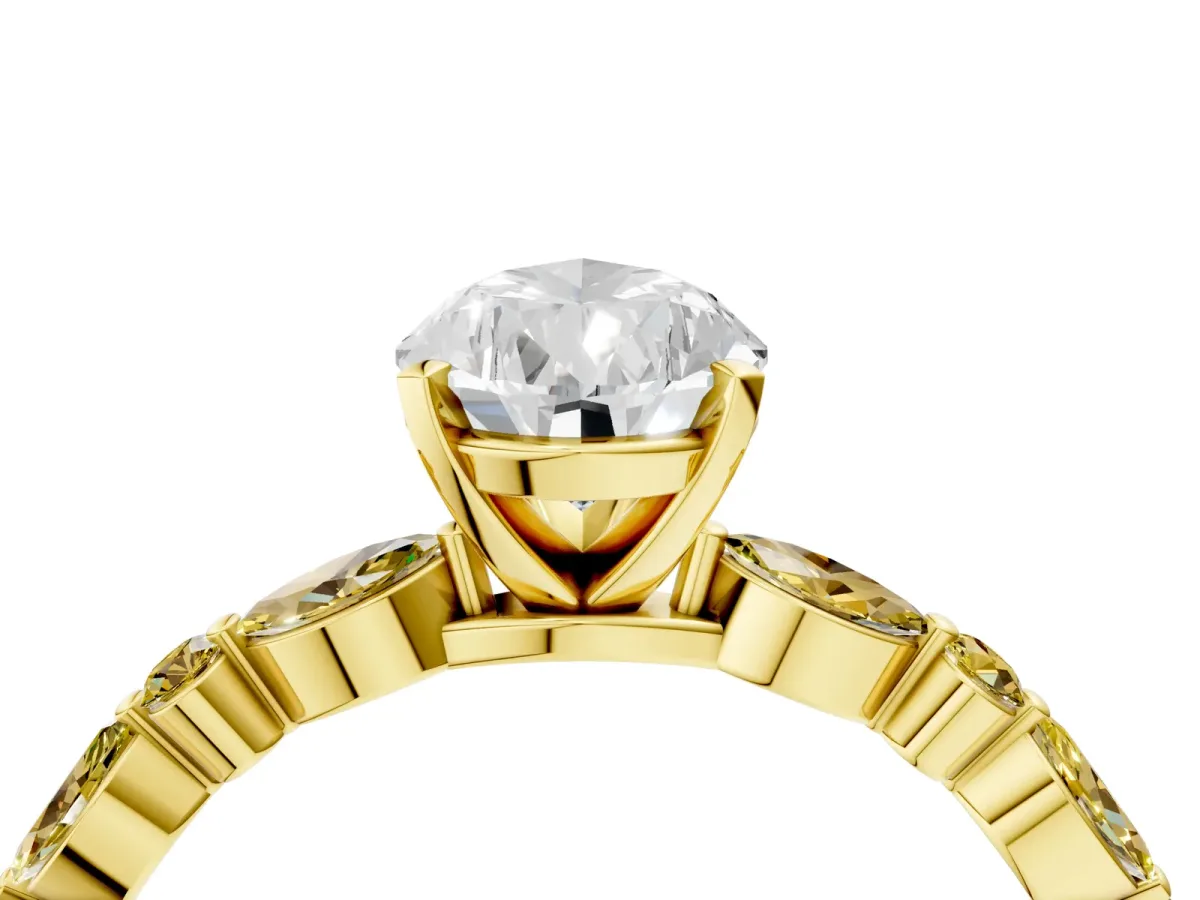 Pear Cut Diamond Ring with Marquise and Round Yellow Sapphire Side Stones and Four-Prong Setting Yellow gold