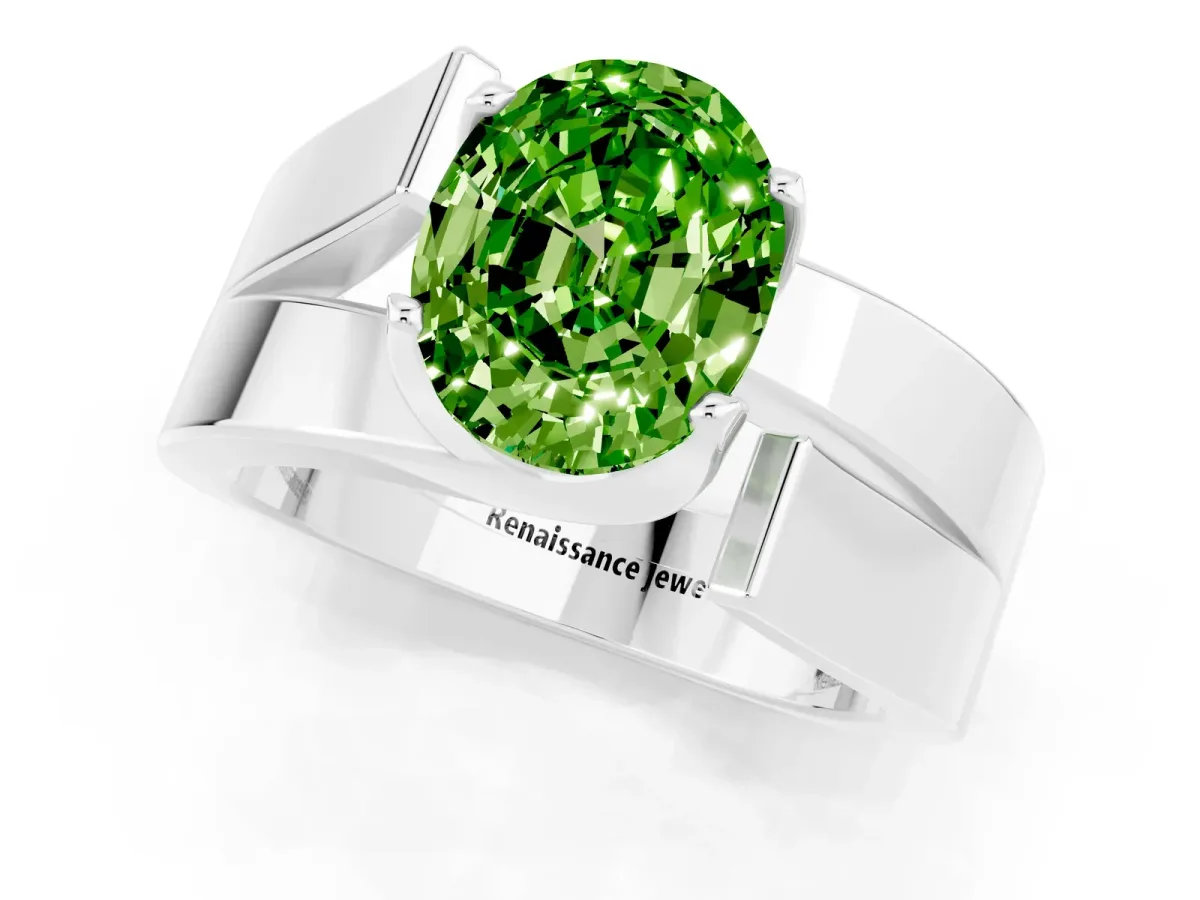 Modern Tension Set Oval Cut Peridot Solitaire Wide Band Ring Platinum