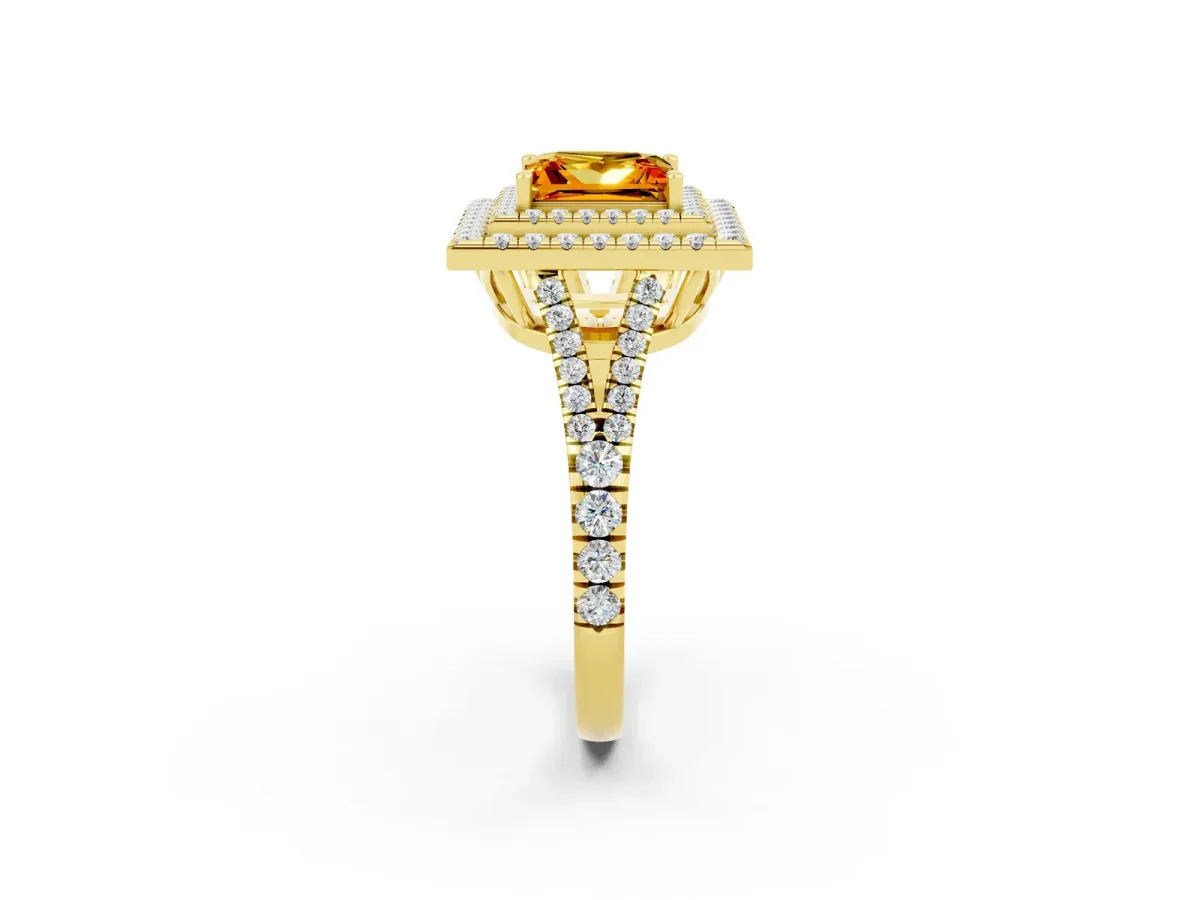 Princess Cut Citrine Double Halo Ring with Pavé Band and Prong Setting Yellow gold