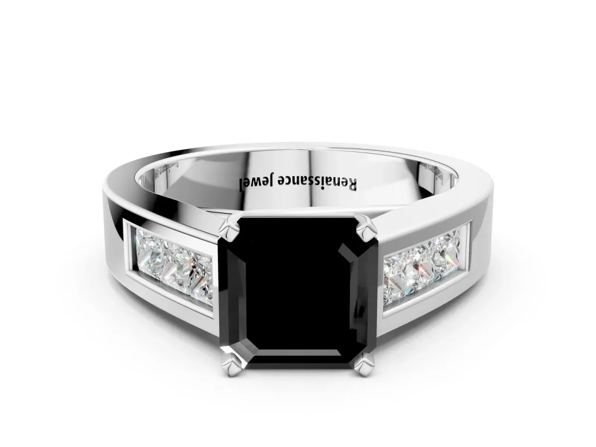 Fancy Black Asscher Cut Cut Channel Set Solitaire Ring with Four-Prong Setting Platinum