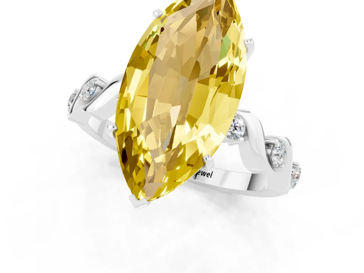 Marquise Cut Yellow Sapphire Solitaire Twisted Band with Round Accents and Prong Setting Platinum