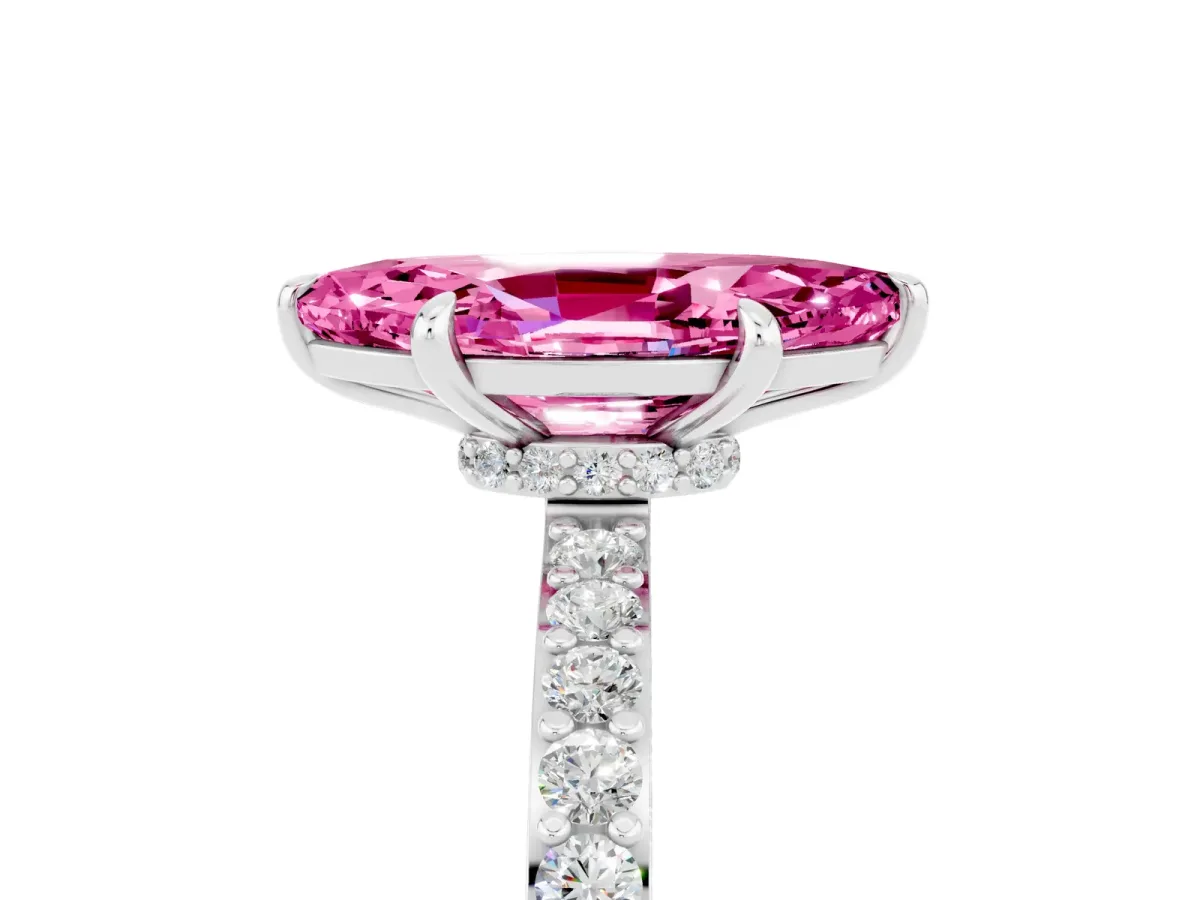 Marquise Cut Pink Sapphire Solitaire Engagement Ring with Pavé Band and Four-Prong Setting White gold