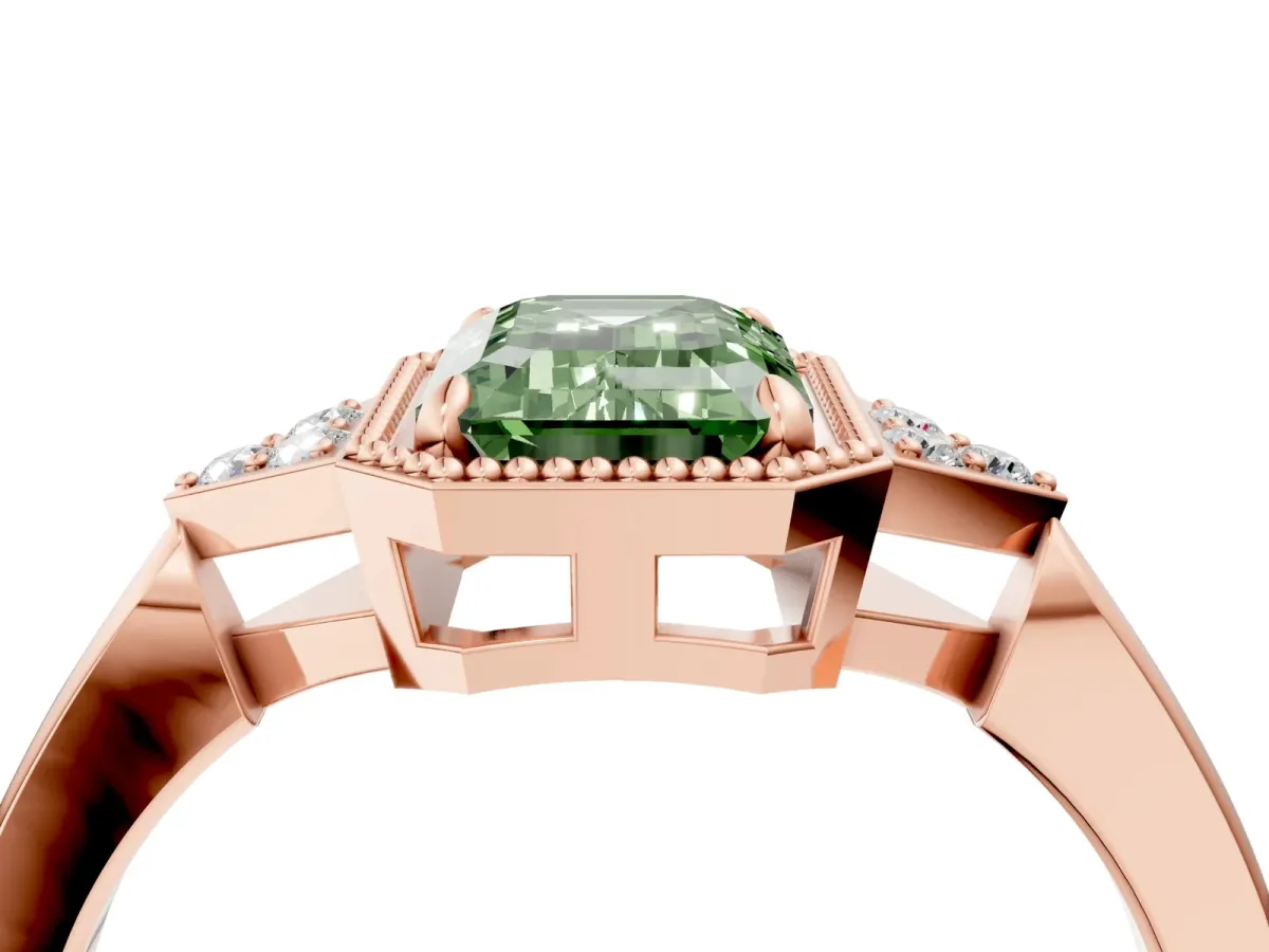Fancy Green Emerald Cut Diamond Halo Ring with Tapered Band and Four-Prong Setting Rose gold