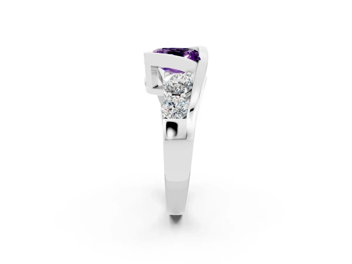 Bezel Set Princess Cut Amethyst Bypass Ring with Round Accents Silver