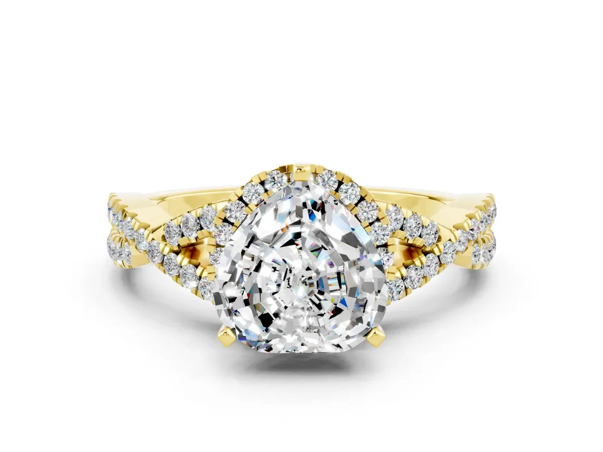 Heart Cut Moissanite Halo Twist Band Solitaire Prong Setting Ring Yellow gold