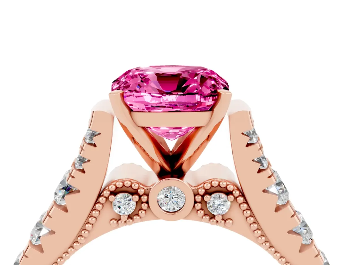 Cushion Cut Pink Sapphire Classic Solitaire Ring with Pavé Band and Four-Prong Setting Rose gold