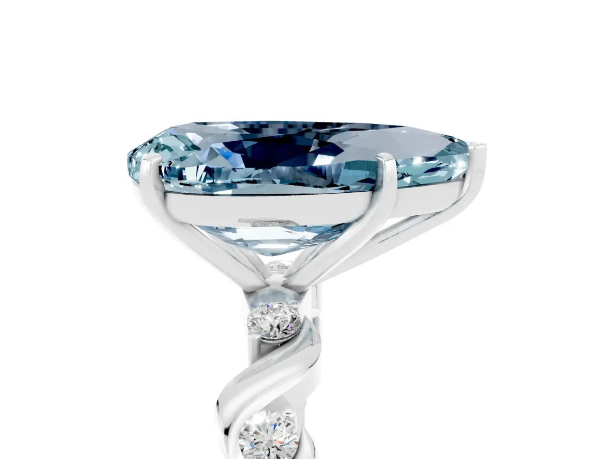 Pear Cut Aquamarine Solitaire Twisted Band with Round Accents and Prong Setting White gold