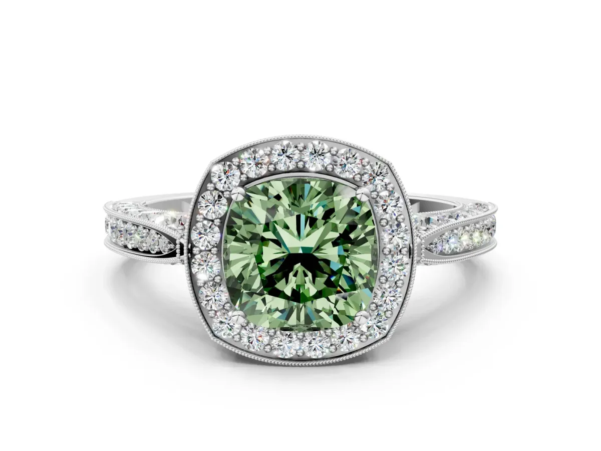 Fancy Green Cushion Cut Halo Diamond Engagement Ring with Split Shank Band and Four-Prong Setting White gold