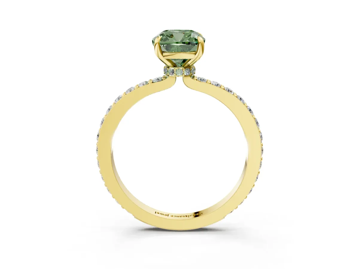 Fancy Green Cushion Cut Diamond Solitaire Engagement Ring with Pavé Band and Four-Prong Setting Yellow gold