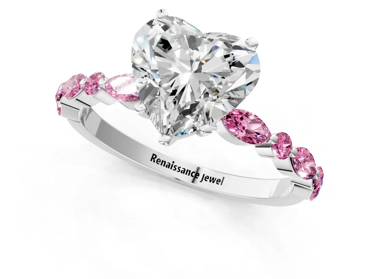 Heart Cut Diamond Ring with Marquise and Round Pink Sapphire Side Stones and Four-Prong Setting Platinum