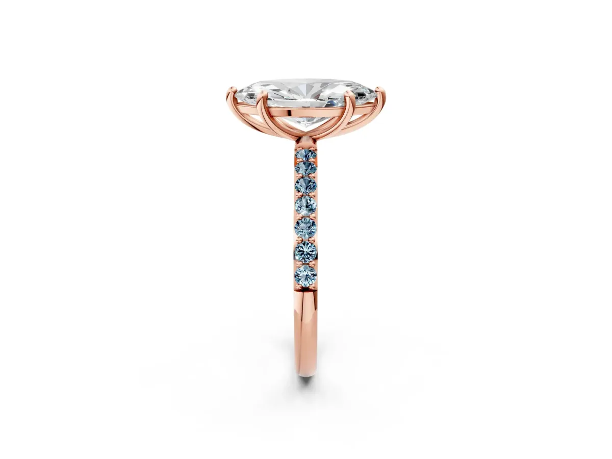 Marquise Cut Diamond Solitaire Ring with Round Aquamarine Pavé Band and Prong Setting Rose gold