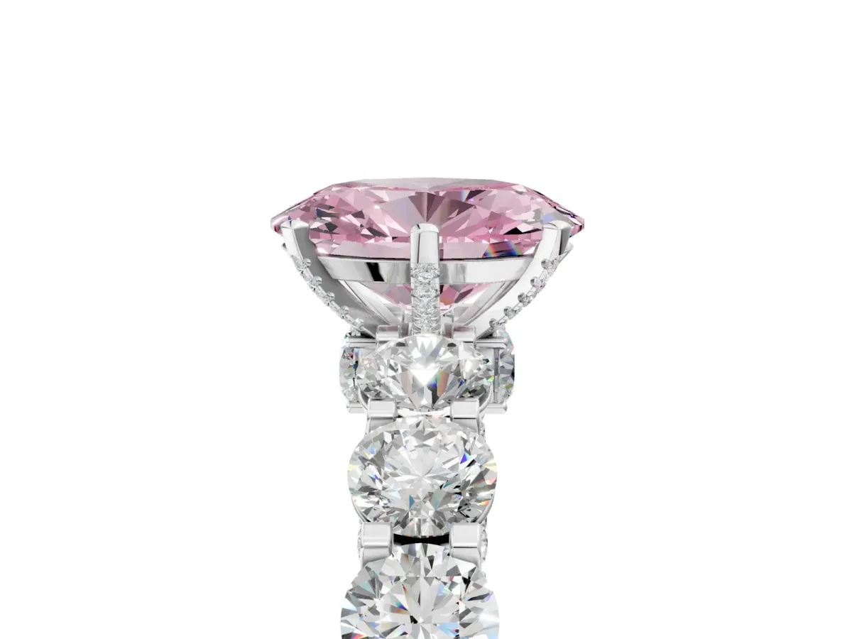 Fancy Pink Oval Cut Diamond Side Stone Engagement Ring with Four-Prong Setting White gold