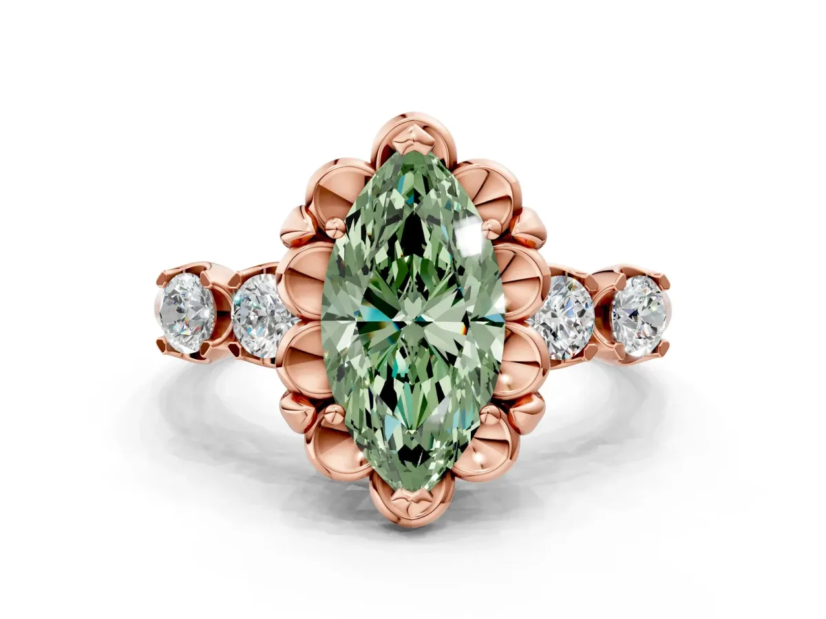 Fancy Green Marquise Cut Cut Diamond Floral Halo Engagement Ring with Shared Prong Setting Rose gold