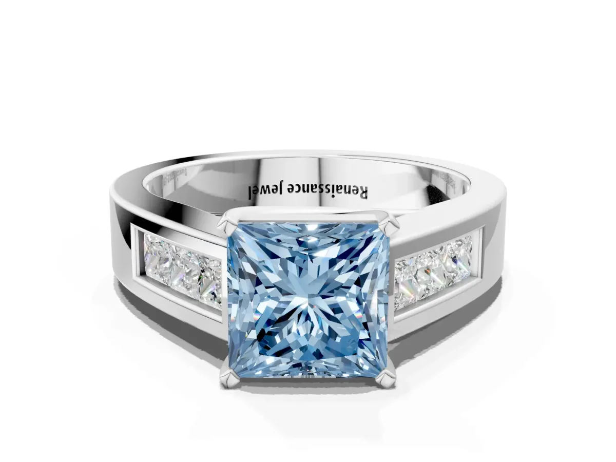 Fancy Blue Princess Cut Cut Channel Set Solitaire Ring with Four-Prong Setting Silver