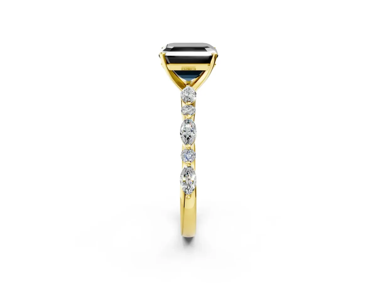 Fancy Black Asscher Cut Diamond Ring with Marquise and Round Side Stones and Four-Prong Setting Yellow gold