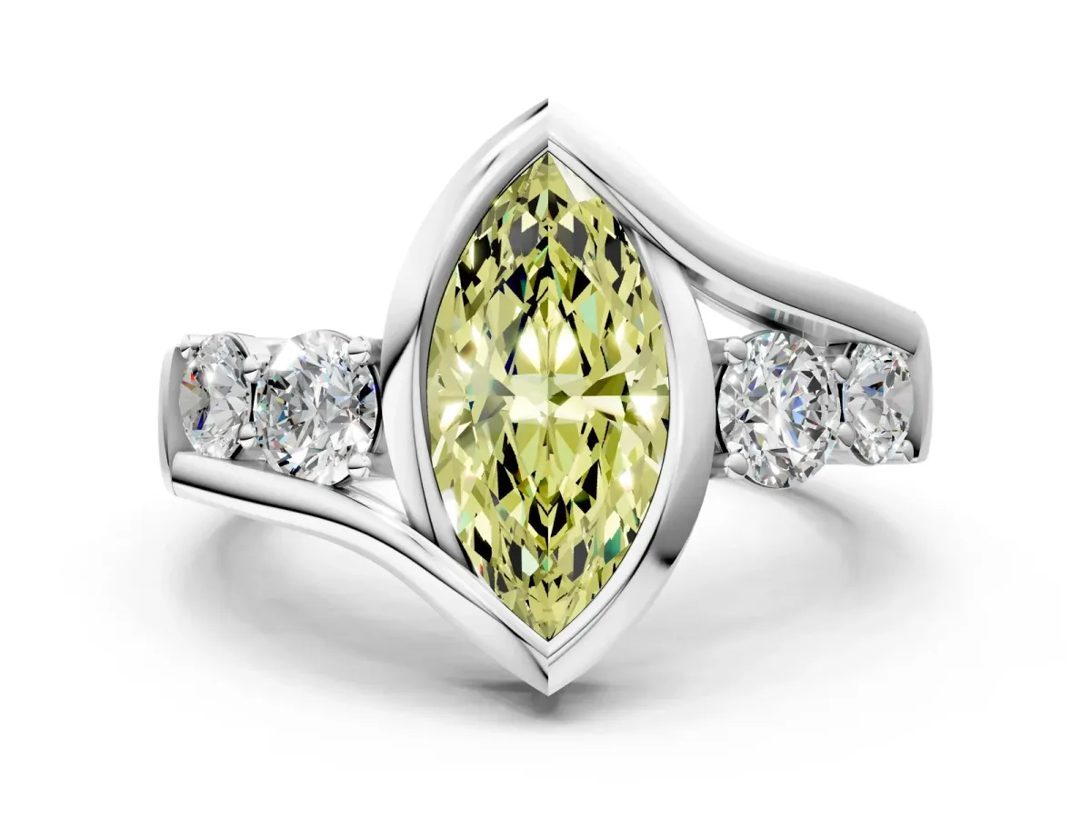 Fancy Yellow Bezel Set Marquise Cut Diamond Bypass Ring with Round Accents Silver