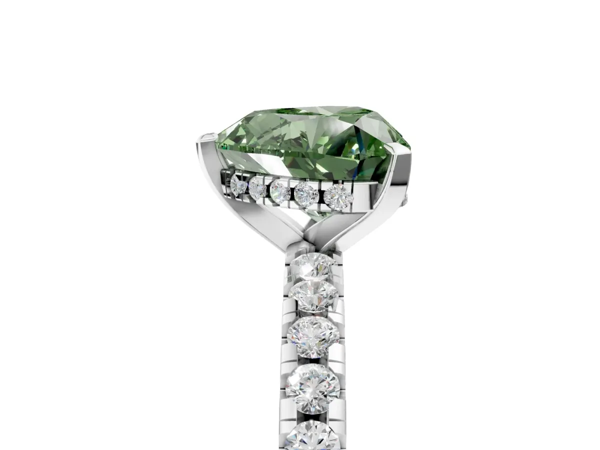 Fancy Green Heart Cut Diamond Solitaire Ring with Round Pavé Band and Four-Prong Setting White gold