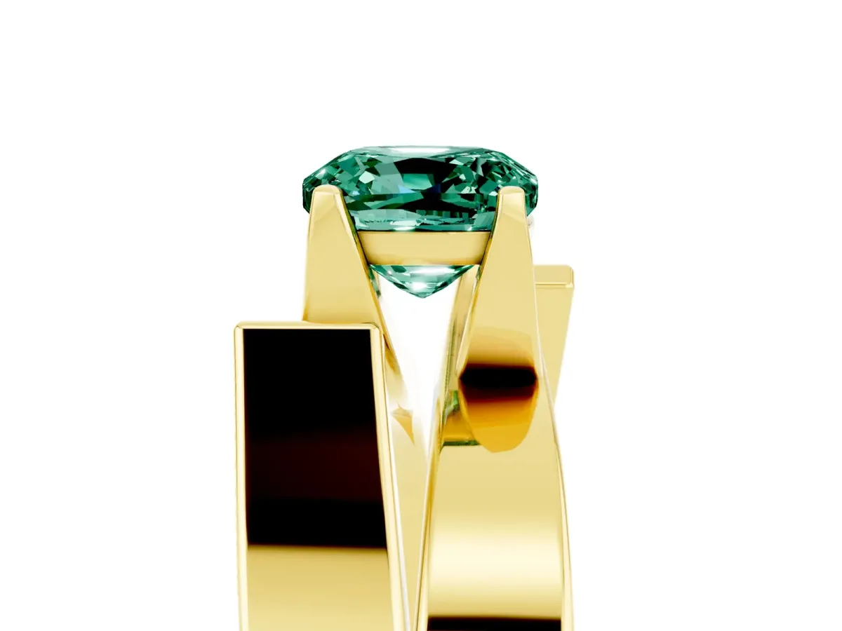 Modern Tension Set Cushion Cut Green Sapphire Solitaire Wide Band Ring Yellow gold