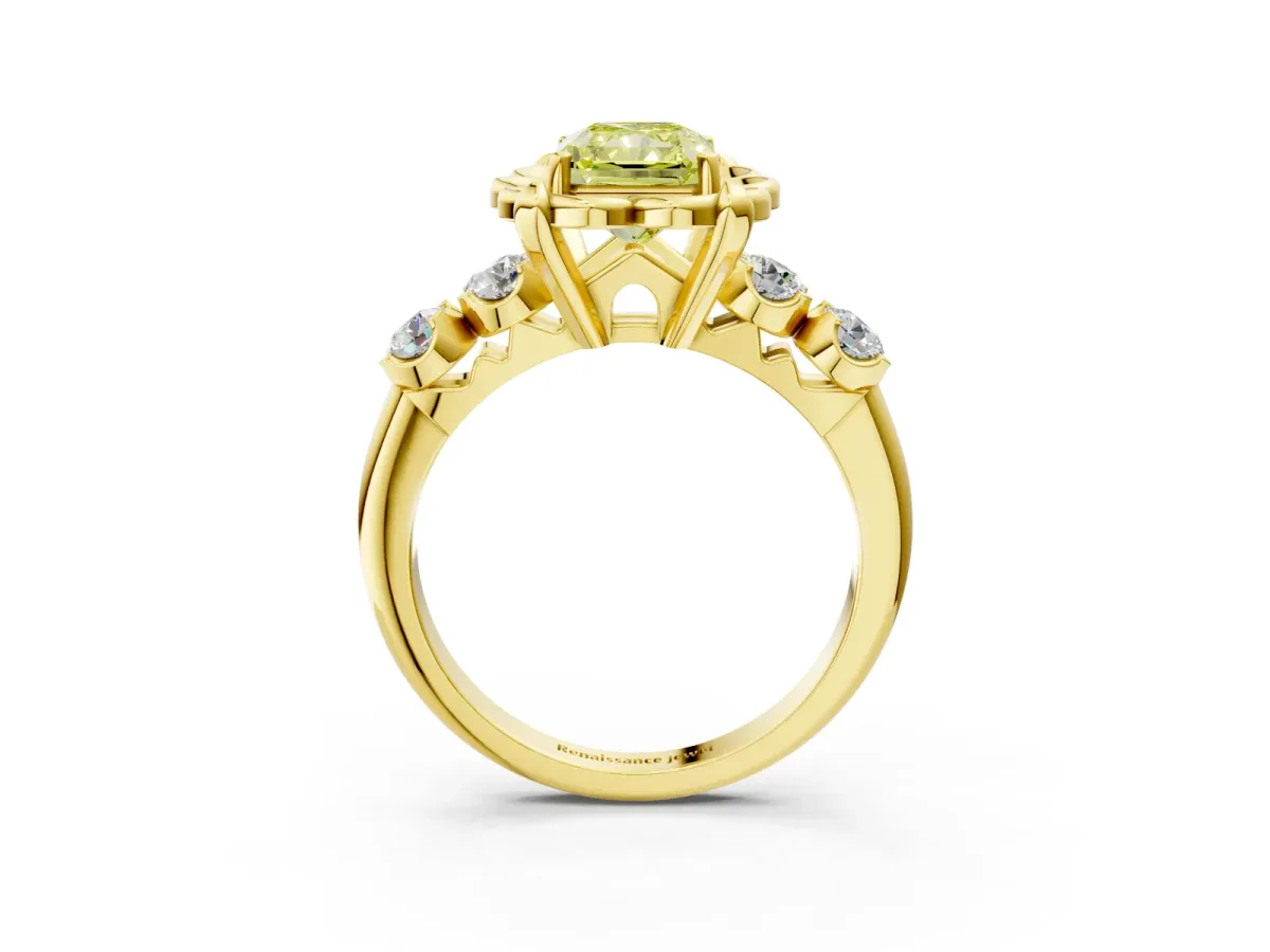 Fancy Yellow Radiant Cut Cut Diamond Floral Halo Engagement Ring with Shared Prong Setting Yellow gold
