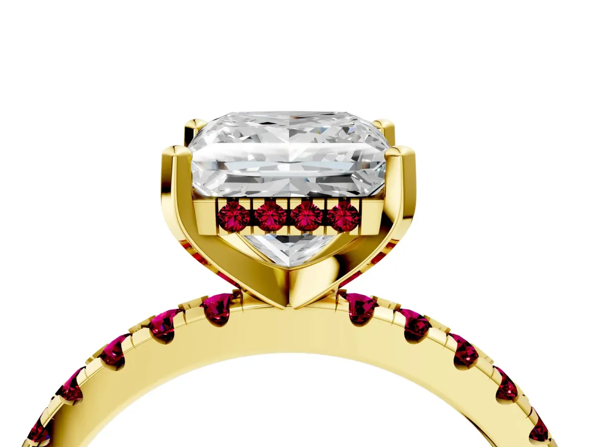 Princess Cut Diamond Solitaire Ring with Round Garnet Pavé Band and Four-Prong Setting Yellow gold