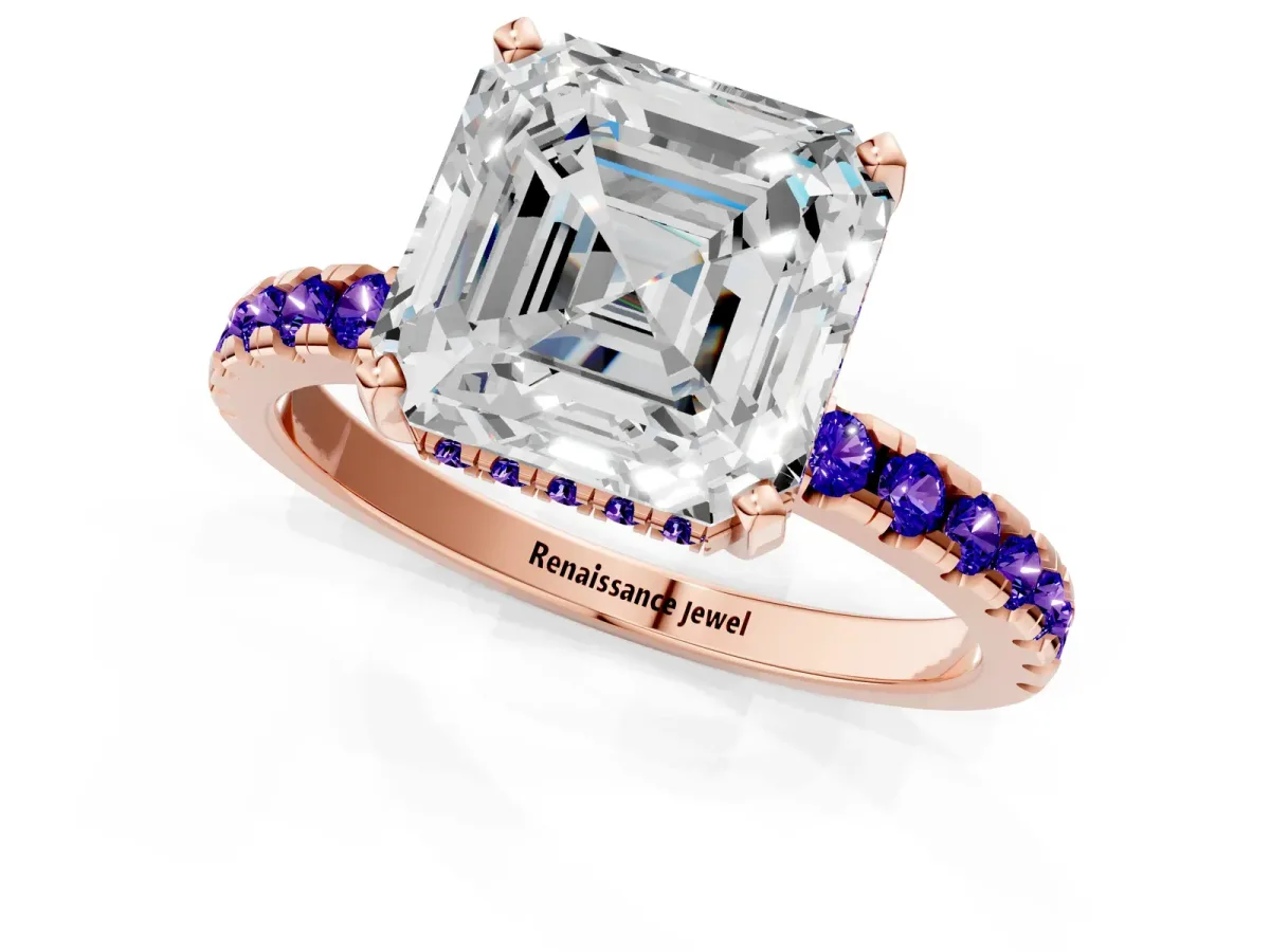 Asscher Cut Diamond Solitaire Ring with Round Tanzanite Pavé Band and Four-Prong Setting Rose gold