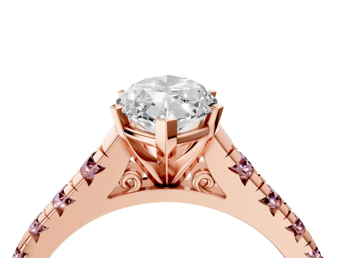 Marquise Cut Diamond Cathedral Solitaire Ring with Round Morganite Pavé Band Rose gold