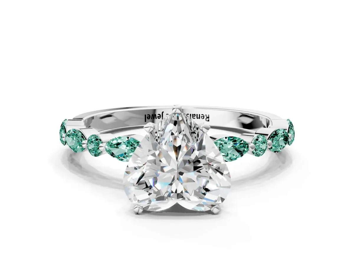 Heart Cut Diamond Ring with Marquise and Round Green Sapphire Side Stones and Four-Prong Setting Silver
