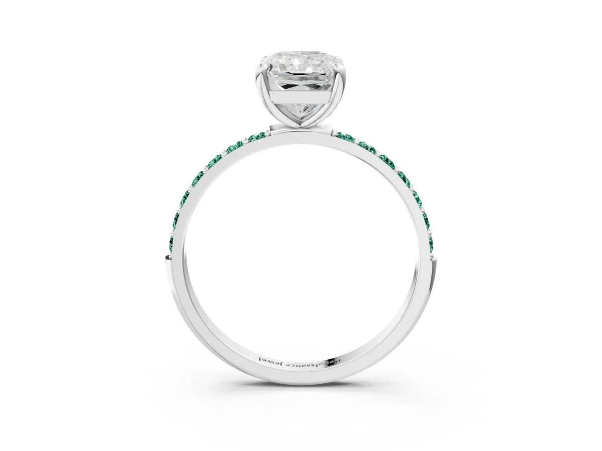 Radiant Cut Diamond Solitaire Ring with Round Green Sapphire Pavé Band and Prong Setting White gold