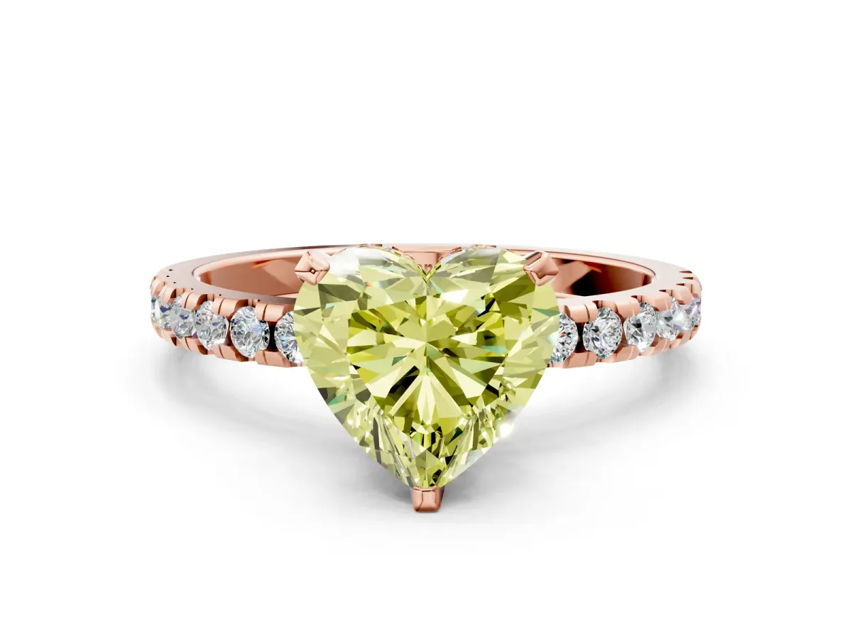 Fancy Yellow Heart Cut Diamond Solitaire Ring with Round Pavé Band and Four-Prong Setting Rose gold