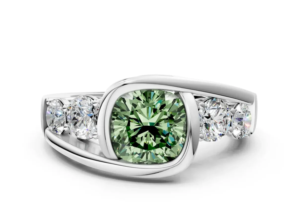 Fancy Green Bezel Set Cushion Cut Diamond Bypass Ring with Round Accents Silver