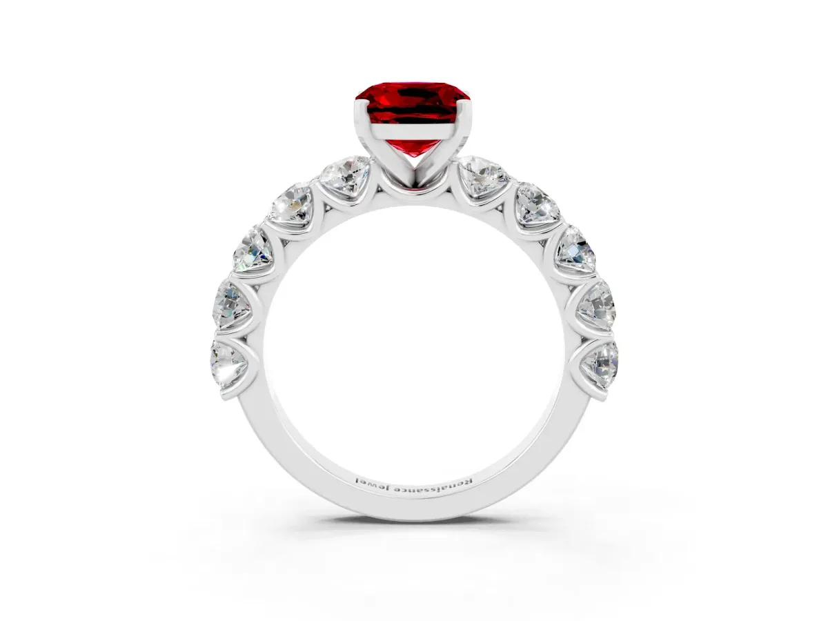 Cushion Cut Ruby Prong Setting with Side Stones on a Pave Band White gold